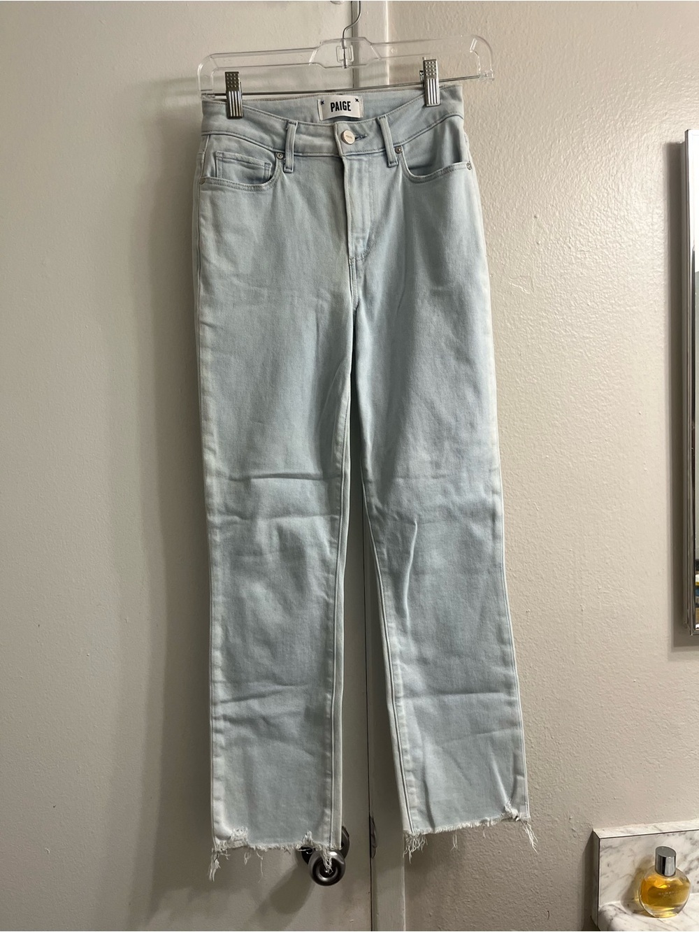 PAIGE Pale Blue Straight-Leg Jeans with Frayed Hem